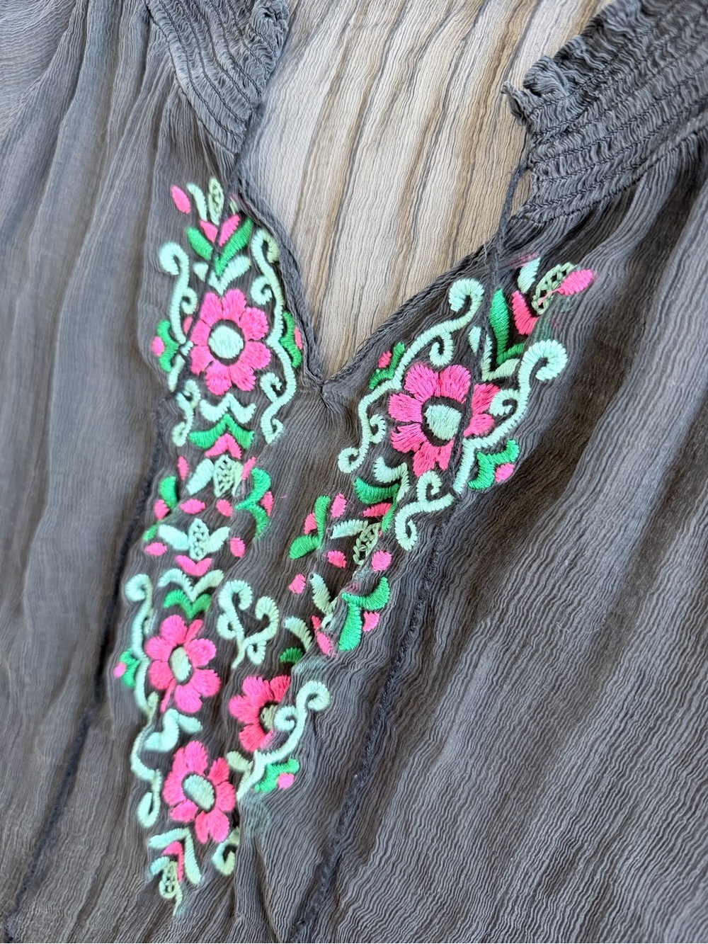 Black Silk Embroidered Sheer Boho Peasant Tunic Blouse Pink Floral No Size - Picture 7 of 8